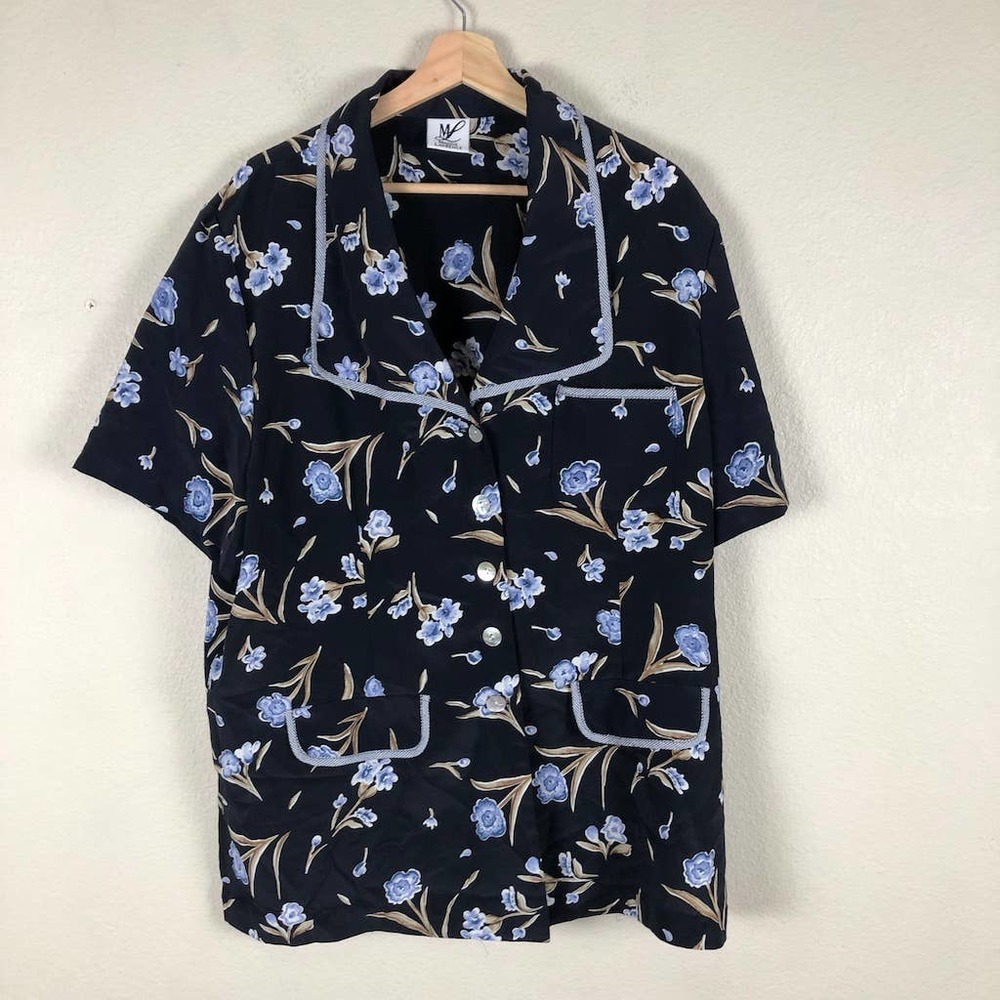 MAGGIE Lawrence Shirt Black Blue Floral Button Up‎ Versatile Size 22/24